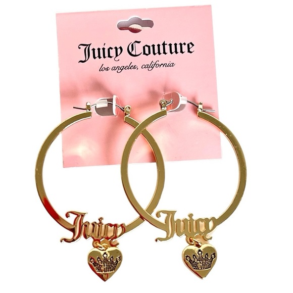 Juicy Couture Jewelry - Juicy Couture Gold Hoop Logo Earrings with Heart Dangles NEW!